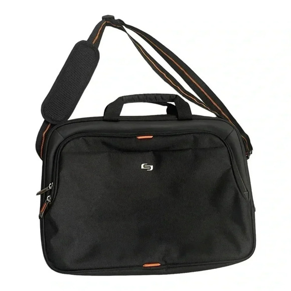 Solo Ace Slim Brief Laptop Briefcase Messenger Bag Black Orange Adjustable Strap - Picture 1 of 16